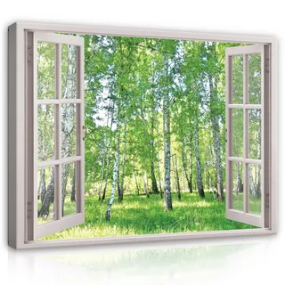 Leinwand Bilder Wald Fenster Natur Leinwandbild XXL Wandbilder Wandbild Wohnzimmer - 80x60 cm | Premium Leinwand