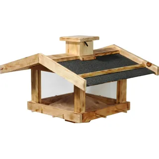 dobar® Geflammtes Vogelfutterhaus für Ständermontage - Vogelhaus für Wildvögel aus Massivholz - Futterstation zum Aufstellen - Wildvogelfutterplatz - 47 x 45 x 32 cm - Kiefer Bitumen