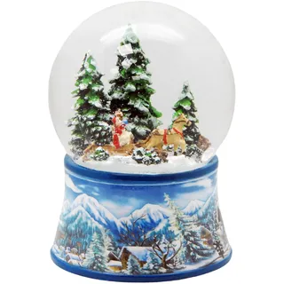 Schneekugel Schlittenfahrt mit Pferdekutsche * auf Sockel nostalgische Winterlandschaft hellblau Häuser Weihnachten Winter mit Spieluhr - 100mm breit | 20102