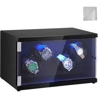 Vevor Automatik-Uhrenbeweger, Watch Winder, Uhrenbeweger für Automatikuhren, Automatischer Uhrenbeweger mit Platz für 4 Uhren, LED Beleuchtung, Max. 20 cm Riemenlänge Schwarz