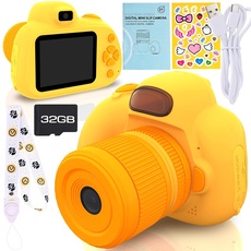 Kinder Kamera,Faburo Digitale Fotokamera Spiegelreflexkamera Kinder Videokamera Kamera mit 32G Speicherkarten Lanyard USB Type-C Kabel Kinder Elektronisches Spielzeug Geschenk für Kinder(Gelb)
