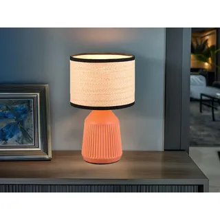 KLeine LED Tischlampe mit Keramikfuß Terrakotta, Lampenschirm Papier geflochten
