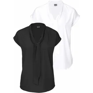 Schluppenbluse BRUNO BANANI, Damen, Gr. 44, schwarz-weiß (schwarz und wollweiß (aus recyceltem polyester)), Web, Obermaterial: 100% Polyester, clean, gepflegt, unifarben, figurumspielend hüftlang, abgestepptes Bündchen, Blusen Schluppenbluse, mit Bindeband