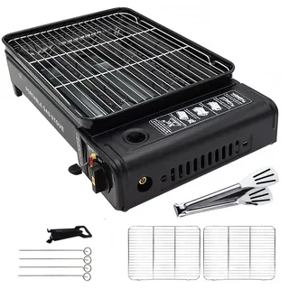 Yinleader tragbarer Gasgrill Gaskocher Campingkocher Gasbrenner mit Koffer mit 2 Grills