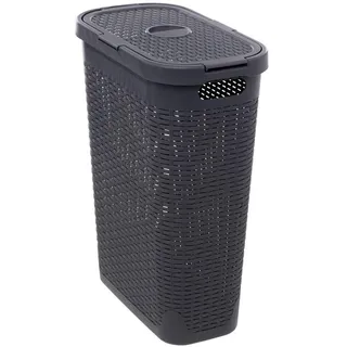 5five – Schlanker Wäschekorb aus Rattan, 40 l, Grau – Belüftungslöcher – Deckel – Ergonomische Griffe für einfaches Tragen – Aufbewahrungskorb aus Kunststoff