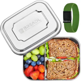 BREADL Edelstahl Brotdose, Feste Trennwand und 2 Fächer, Rostfrei, Spülmaschinenfest, Gummiband, Kleine 1000ml Lunchbox und Brotzeitbox aus lebensmittelechtem Metall für Kinder und Erwachsene