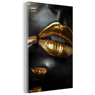 MuchoWow© Wandbilder Glas Schlafzimmer Home Deko Wohnung Bild Wohnzimmer | 80x120 cm - Wand Glasbilder Leinwand Wall Decor Gold - Lippen - Porträt - Abstrakt - Luxus