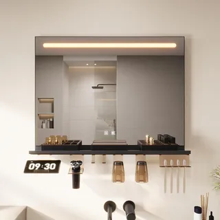 SONNI LED Badspiegel 80x60 cm, LED Wandspiegel mit Ablage 80 cm, 3 einstellbare Lichtfarben, Anti-Beschlag und Speicherfunktion