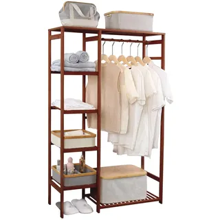 WAOHO Garderobenständer aus Bambus,Offener Kleiderständer bambus,Kleideraufbewahrung mit Kleiderstange,Garderobenständer mit 6 Ablagen,freistehende Garderobenständer Braun 145X90X30CM