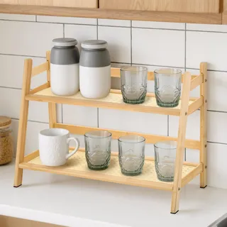 Starvortex 2 Tiers Küchenregal Klein, Natürlich Bambus Küchenorganizer Gewürzregal Holz, Rattan Regal Holzregal Klein, Regal Küchenregal Arbeitsplatte, Tischregal Küchen Accessoires (40×18×29cm)