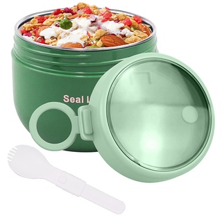 bainuote Müsli to Go Becher 600ml Joghurtbecher Auslaufsicherer Müslibecher to Go Porridge Becher Edelstahl Lunchbox to go mit Klapp-Löffel für Jedes Frühstück Mittagessen-Grün