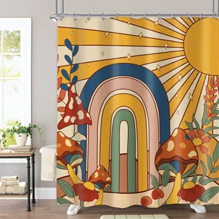 Omifly 70er Jahre Retro Pilz Hippie Duschvorhang 152 x 183 cm Sonne Regenbogen Hippie Vintage Floral Funky Boho Chic Blumen Abstrakt Ästhetisch Groovy mit 12 Haken Stoff Wasserdicht Zubehör Dekor