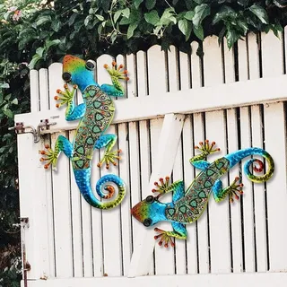 Famanu Wanddekoration Gecko - Metall Kunst - 2 Stück - Grün