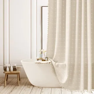 ggaimwf Stoff Duschvorhang Leinen-Mischgewebe Quasten Boho Landhaus Beige | Wasserabweisende Oberfläche. Weicher Fall. Maschinenwaschbar. Für ein gemütliches Bad. Haken inklusive. Mehrere Größen
