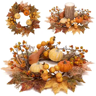 Hollyone 2er-Set Türkranz Herbst Künstliche Herbstkränze Orange 35cm Kunstkranz mit Kürbis Beeren und Ahornblättern Herbstdekoration für Haustür Innen Außen Halloween Thanksgiving Erntefest Deko