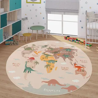 TT Home Kinderteppich Babyzimmer Teppich Kinderzimmer rutschfest Tiere Weltkarte Autos, Farbe:Grün Beige Braun, Größe:160 cm Rund