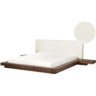 BELIANI Bett Weiß / Braune Esche Bouclé u. MDF mit Lattenrost 180x200 cm 2 Nachttische Hohes Kopfteil Japanischer Stil Plattform-Bett Futonbett - Braun, Weiß