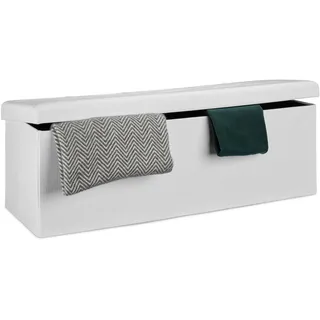 Relaxdays Faltbare Sitzbank XXL, Sitzcube mit Stauraum, Sitzwürfel aus Leinen, mit Deckel, HBT 38 x 114 x 38 cm, weiß