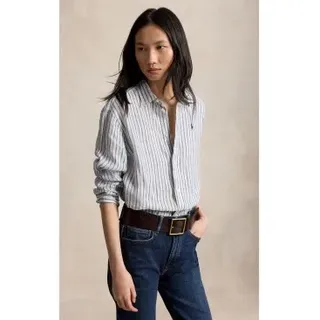 Polo Ralph Lauren für Damen. 211935130502 Kurzes und weites Leinenhemd mit weißen, blauen Karos (XXS), Lässig, Kurzarm