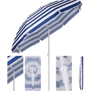 Sekey Sonnenschirm Rund Ø 160 cm Terrassen Gartenschirm Strandschirm mit kurbel & Schutzhülle Neigungswinkel und Höhe verstellbar, Blau-weiß gestreift - Blau