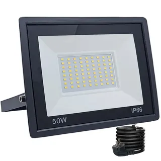 Meision LED-Strahler für den Außenbereich, 50 W, IP66, wasserdicht, mit Stecker, Außenbeleuchtung, Aluminium, 3000 K, sehr hell, kaltweiß, mit 3 m Kabel, für Garage, Hof, Garten