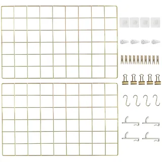 CIKLCIX Wandgitter Gold Deko, 17.3"×11.8" Gitter Pinnwand, 2er-Pack Metall Pinnwand Drahtgitter, Gitterwand Für Fotos Grid Wall Panel Mit Klammern Und Haken