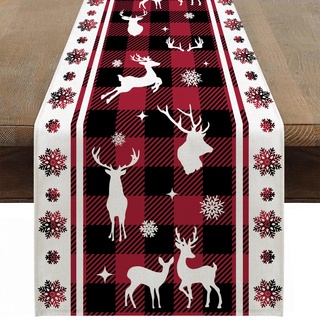 Ohok Weihnachten Tischläufer 33 x 183 cm, Leinen Weihnachten Serie Tischdecke Küche Esstisch Dekoration für Drinnen und Draußen Urlaub Party Wohnzimmer Dekor (Plaid Hirsche)