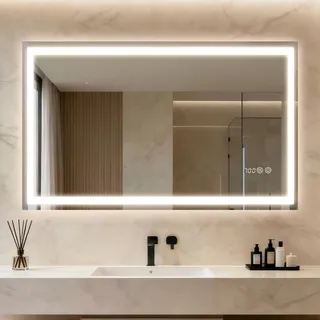 Clevich Badspiegel mit Beleuchtung und Uhr 100×60 cm, LED Spiegel mit 3 Lichtfarben dimmbar, gehärtetes Glas und Digitaluhr, Touch-Schalter, Memory-Funktion, beschlagfrei, Badezimmerspiegel mit Licht
