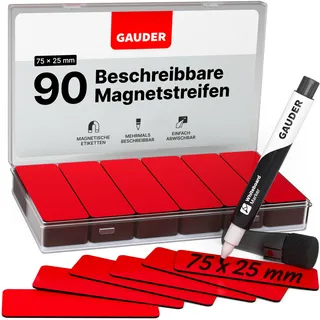 GAUDER Magnetetiketten beschreibbar (75 x 25 mm) | 90 Stück Magnetschilder zum Beschriften | Magnetkarten ideal für Kanban Board, Whiteboard & Tafel