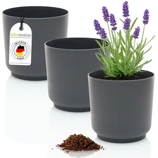 idea-station Sati Blumentopf Set 3 x 13 cm - anthrazit - bruchsichere Blumentöpfe aus Plastik für verschiedenste Pflanzen, Blumen - Matte Übertöpfe für innen und außen