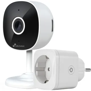 Nivian Kamera + WLAN-Steckdose 2,4 GHz - Aufnahme auf MicroSD (Nicht im Lieferumfang enthalten) - 2 K Menschenerkennung, bidirektionales Audio, geeignet für den Innenbereich (Kamera + WLAN-Steckdose)