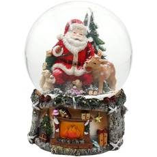 Bild von XXL Schneekugel, Weihnachtsmann mit REH und Tannenbaum, mit Sound, auf aufwendig dekoriertem Sockel, Maße L/B/H: 15 x 15 x 20 cm Kugel Ø 15 cm