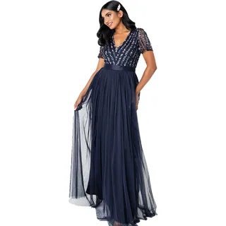 Maya Deluxe Damen Maxi Abendkleid Elegant Hochzeit V-ausschnitt Brautjungfernkleid Empiretaillierung Abschlussball Bridesmaid Dress, Navy, 46 EU