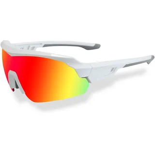 JOGVELO Polarisierte Sonnenbrille, Sportsonnenbrille Radbrille TR90 Anti-Fog mit 5 Wechselobjektiven UV400 Herren Damen wie Radfahren Laufen Klettern Autofahren Angeln Golf, Weiß&Rot