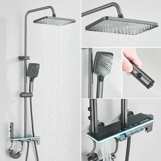 Duschsystem mit LCD-Display - Wandmontage-Set - Höhenverstellbar und schwenkbar - Einhebel Warm/Kalt - Keramikkartusche - Edelstahl - Gelbe Beleuchtung