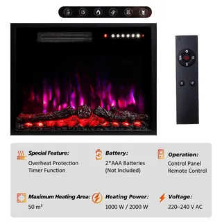 Elektrischer Kamin - Mit Kaminumrandung - 3D-Flammeneffekt - Timer 1–8 Std. - 5 Geschwindigkeitsstufen - 5 Helligkeitsstufen - Netzbetrieben - Burgunder
