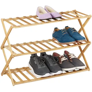 Relaxdays faltbares Schuhregal, 3 Ebenen, 9 Paar Schuhe, Zuhause & Camping, Bambus Schuhständer, HBT: 46x67x26 cm, Natur, 46 x 67 x 26 cm