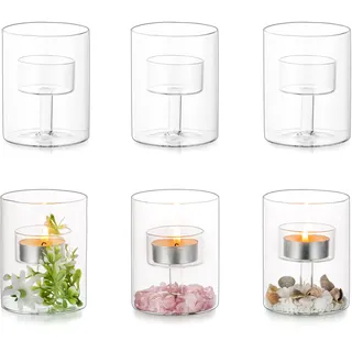 Glasseam Kerzenhalter Glas Teelichthalter, Zylinder Teelichtgläser Klein Kerzen Deko Hochzeit Wohnzimmer Tisch, Kerzengläser Vintage Teelicht Gläser 6er Set für Weihnachten Geburtstag Verzieren