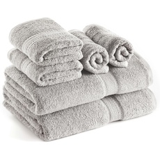 SweetNeedle Handtuch-Set, 6 Stück, 2 Badetücher, 2 Handtücher und 2 Waschlappen, täglicher Gebrauch, ringgesponnen, 100% Baumwolle, Silber