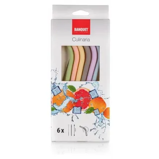 6 wiederverwendbare Silikon-Trinkhalme + Bankettreiniger - Grün, Orange, Blau
