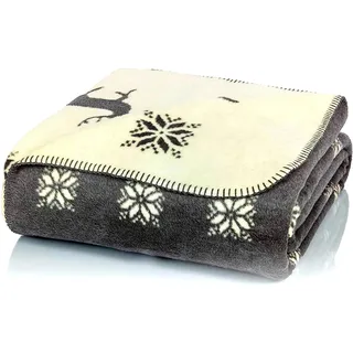 Glart Kuscheldecke Rentier Grau-Beige XL 150x200 cm, weiche & warme Wolldecke als Sofadecke, Couch- & Tagesdecke, Plüschüberwurf - ohne Ärmel. Ideal für Sofa & Kinderzimmer