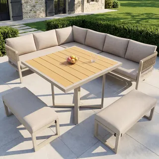 Terrassenmöbel-Set, Garten-Lounge-Set für 8–10 Personen, Gartensofa mit großem Esstisch aus Kunstholz, großer Tisch mit Holzmaserung, verstellbare Bei - Beige