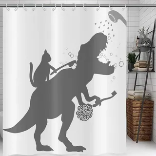 Hnmdmyi Duschvorhang Lustig 120x200, Katze Hilfe Dinosaurier Bad Duschvorhänge Kinder Jungen Silhouette Schatten Schwarz Weiß Badewanne Vorhang Wasserdicht Polyester Stoff Waschbar Badevorhang