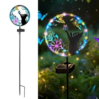 WRQIOO Solarstecker für Außen Garten, Solarleuchte Katze, Metall Solar Tiere für Außen Garten mit Schmetterling, Solar Gartenstecker, Gartendeko Solarlampen für Au-ßen Balkon Außenterrasse Rasen