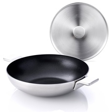 MasterPRO Alessi - 28 cm Wok-Set mit Deckel - aus Edelstahl - innen antihaftbeschichtet, schwarz - Edelstahlgriff - Induktionsgeeignet