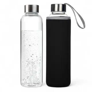 Trinkflasche aus Glas 550ml (Schwarz) Auslaufsichere Glasflasche aus Borosilikatglas, BPA-frei, kohlensäuregeeignet & spülmaschinenfest, mit Schutzhülle, für heiße & kalte Getränke, Edelstahl Deckel