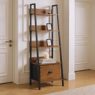 FurnitureR 5-stöckiges Leiterregal 42x29x141 cm mit Stoffschublade, Holzablagen & 20 mm Metallrahmen, 7,5 cm Rückwand, Schmales Konsolentisch-Design für Wohnzimmer im französischen Landhausstil