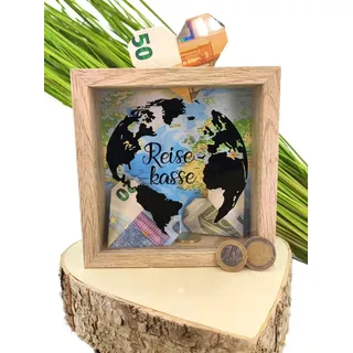 MC-Trend Spardose Reisekasse 15x15x5cm Holz/Glas für Urlaub Reise Weltreise Traumreise Kurzurlaub Wünsche Travel the World Sparschwein Sparbüchse Geld Geschenk Idee Weltkarte Sommerurlaub