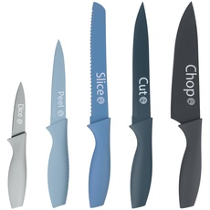 MasterChef Messerset, Küchenmesser Set ink. Kochmesser, Gemüsemesser, Schälmesser, Schneidemesser & Brotmesser, Scharfe Messer Edelstahl, Antihaftbeschichtete, Soft-Touch-Griffe, 5-teilig, Blau