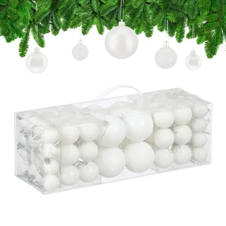 Relaxdays Weihnachtskugeln im 76er Set, Kunststoff, glitzernde, Matte, glänzende Baumkugeln, Christbaumschmuck, weiß